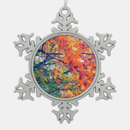 Oranje en groene bladeren tin sneeuwvlok ornament