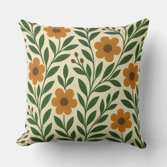 Oranje en groene bloemen werp kussen (Voorkant)