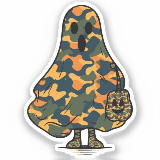 Oranje en groene camouflage spook en pompoen sticker (Voorkant)