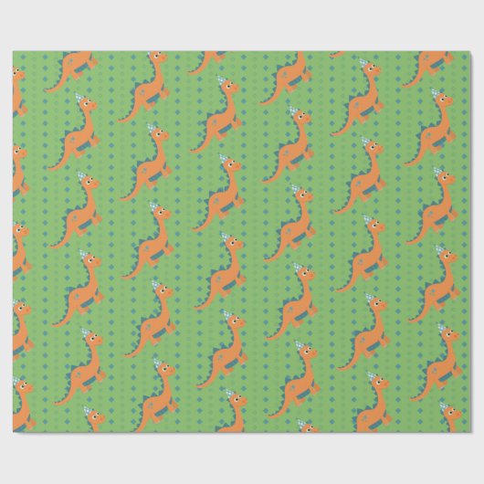 Oranje en groene dinosaurusfeestdag cadeaupapier (Vlak)