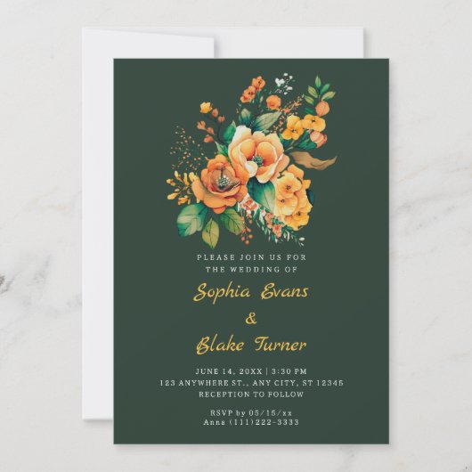Oranje en groene Floral Bouquet Green Wedding Kaart (Voorkant)