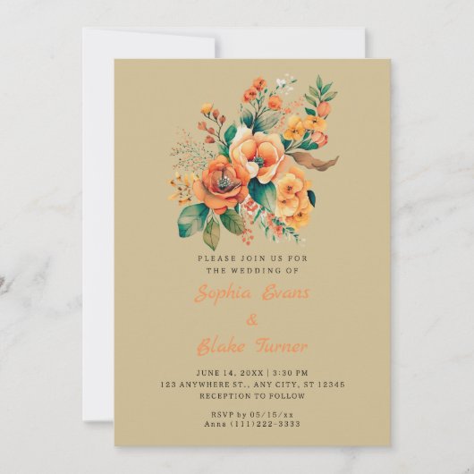Oranje en groene Floral Bouquet Olive Wedding Kaart (Voorkant)