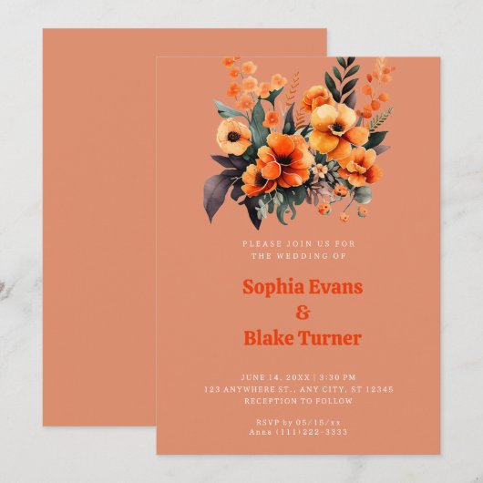 Oranje en groene Floral Bouquet Oranje Wedding Kaart (Voorkant / Achterkant)