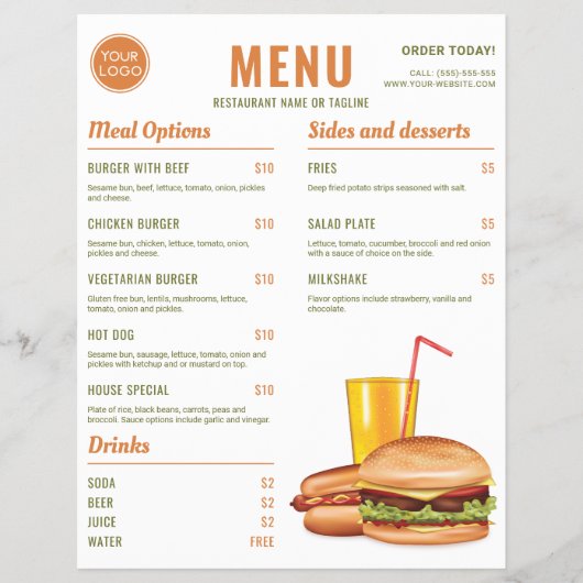 Oranje en groene hamburger hotdog eten menu prijze (Voorkant)