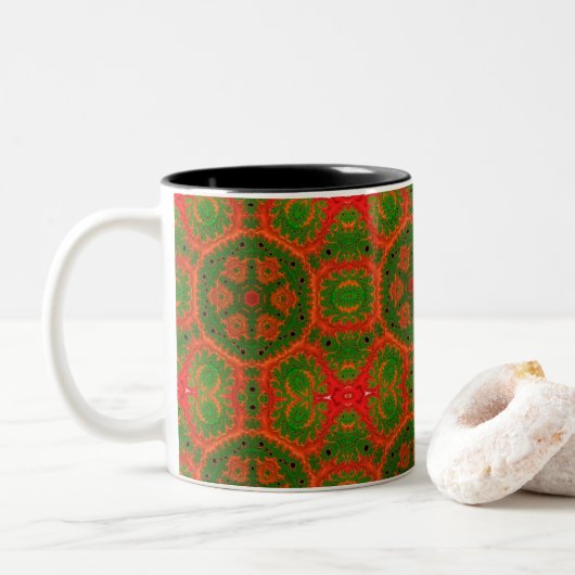 Oranje en groene Kaleidoscoop Twee Toonne Mok (Met donut)