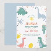 Oranje en groene kinderachtige dinosaurus verjaard kaart (Voorkant / Achterkant)