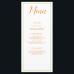 Oranje en groene klassieker menu<br><div class="desc">Een oranje en groene herfst geïnspireerd ontwerp,  deze bruiloft receptie menu beschikt over een mooie witte achtergrond met oranje lettertype. Met "Menu" bovenaan geschreven met cursief oranje lettertype,  wordt al uw informatie afgedrukt in oranje leesbaar lettertype op een witte achtergrond. Aanpassen zoals u dat wilt.</div>