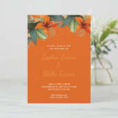 Oranje en groene Oranje tropische bloemen bruiloft Kaart (Staand voorkant)