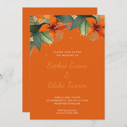 Oranje en groene Oranje tropische bloemen bruiloft Kaart (Voorkant / Achterkant)