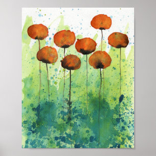 Oranje en groene papavers, Waterverf bloemenmuur Poster