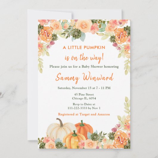 Oranje en groene pompoenen Baby shower uitnodiging (Voorkant)