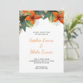 Oranje en groene tropische bloemen witte bruiloft kaart (Staand voorkant)