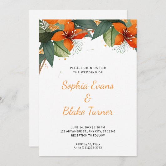 Oranje en groene tropische bloemen witte bruiloft kaart (Voorkant / Achterkant)