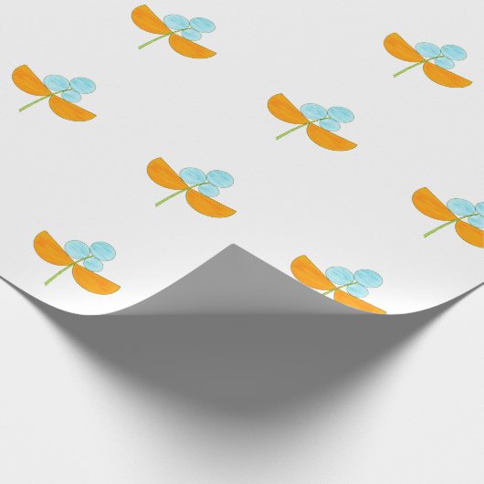  oranje en hemelblauwe bloemen cadeaupapier (Hoek)