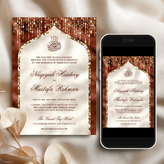 Oranje en ivoor Glitter Arch Muslim Weddenschap Kaart