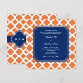 Oranje en koninklijk blauw Quatrefoil bruiloft Kaart (Voorkant / Achterkant)