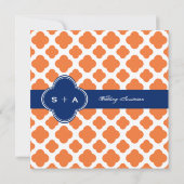 Oranje en koninklijk blauw Quatrefoil bruiloft Kaart (Achterkant)