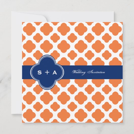 Oranje en koninklijk blauw Quatrefoil bruiloft Kaart (Achterkant)