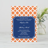 Oranje en koninklijk blauw Quatrefoil bruiloft Kaart (Staand voorkant)