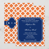 Oranje en koninklijk blauw Quatrefoil bruiloft Kaart (Voorkant / Achterkant)