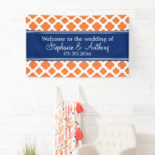 Oranje en koninklijk blauw Quatrefoil bruiloft Spandoek (Insitu)