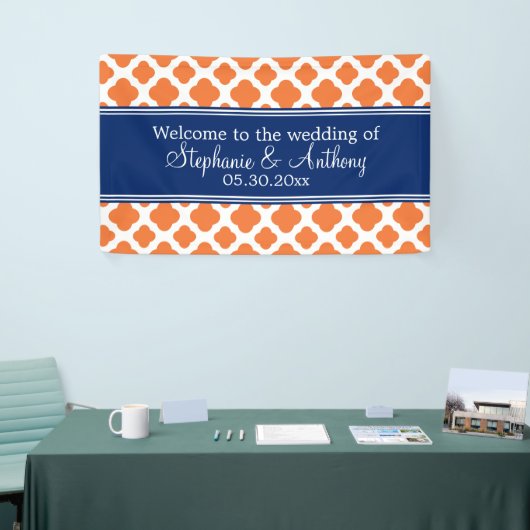 Oranje en koninklijk blauw Quatrefoil bruiloft Spandoek (Beurs)