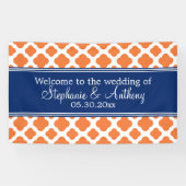 Oranje en koninklijk blauw Quatrefoil bruiloft Spandoek (Horizontaal)