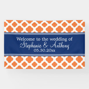 Oranje en koninklijk blauw Quatrefoil bruiloft Spandoek