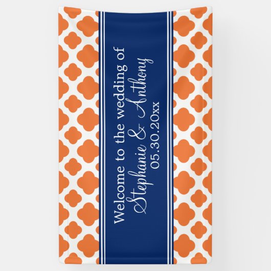 Oranje en koninklijk blauw Quatrefoil bruiloft Spandoek (Verticaal)