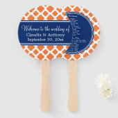 Oranje en koninklijk blauw Quatrefoil Wedding Hand Handwaaier (Voorkant en achterkant)