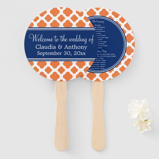 Oranje en koninklijk blauw Quatrefoil Wedding Hand Handwaaier (Voorkant en achterkant)