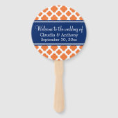 Oranje en koninklijk blauw Quatrefoil Wedding Hand Handwaaier (Voorkant)