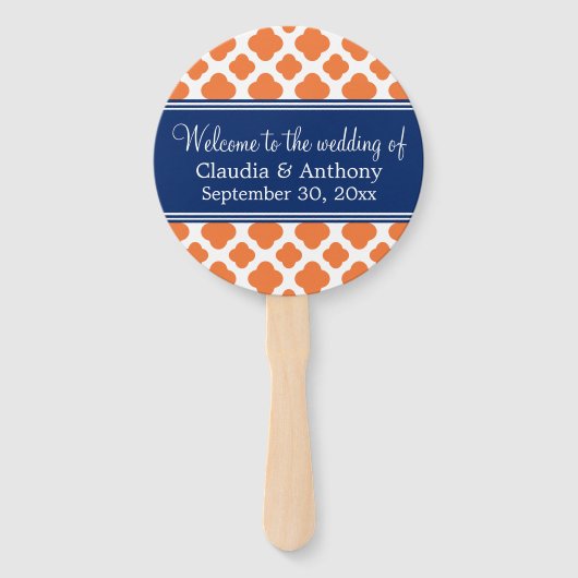 Oranje en koninklijk blauw Quatrefoil Wedding Hand Handwaaier (Voorkant)