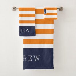 Oranje en marine strepen monogram bad handdoek