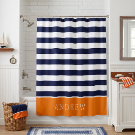 Oranje en marine strepen monogram douchegordijn
