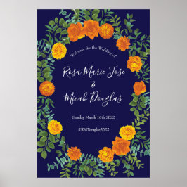Oranje en marinesblauwe pony en Roos Floral Weddin Poster