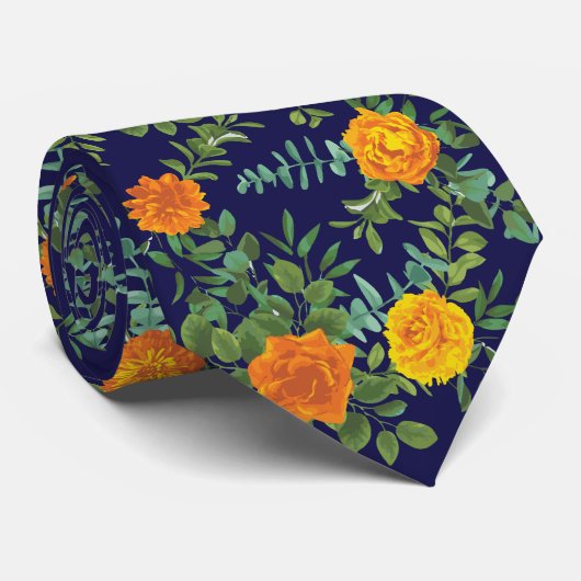 Oranje en marinesblauwe pony en Roos Floral Weddin Stropdas (Opgerold)