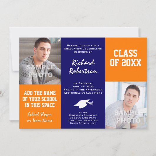 Oranje en Navy Blue Custom Athlete Afstuderen Kaart (Voorkant)