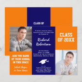 Oranje en Navy Blue Custom Athlete Afstuderen Kaart (Voorkant / Achterkant)