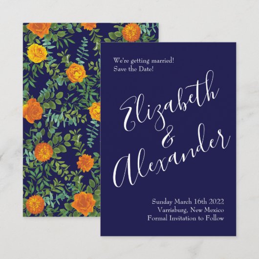 Oranje en Navy Blue Peony Roos Wedding Save Date Kaart (Voorkant / Achterkant)