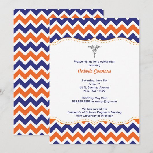 Oranje en Navy Chevron Nurse Afstuderen Invite RN Kaart (Voorkant / Achterkant)