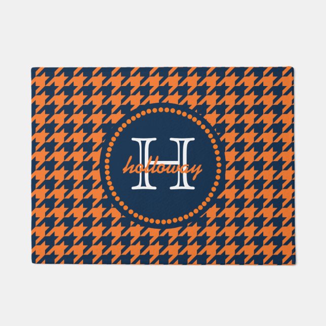 Oranje en Navy Houndstooth Deurmat (Voorkant)