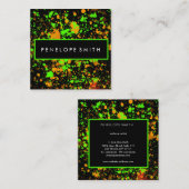 Oranje en Neon Green Abstract Verf Splatter Vierkante Visitekaartje (Voorkant / Achterkant)