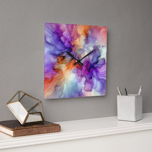 Oranje en Paarse alcoholinkt Abstract Vierkante Klok (Kantoor)