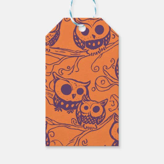 Oranje en Paarse Halloween Uilenpatroon Cadeaulabel (Voorkant)