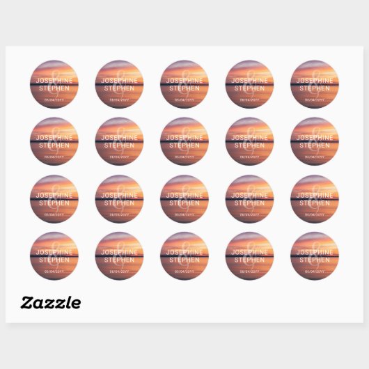 Oranje en Paarse Sunset Paar Namen bruiloft Ronde Sticker (Vel)