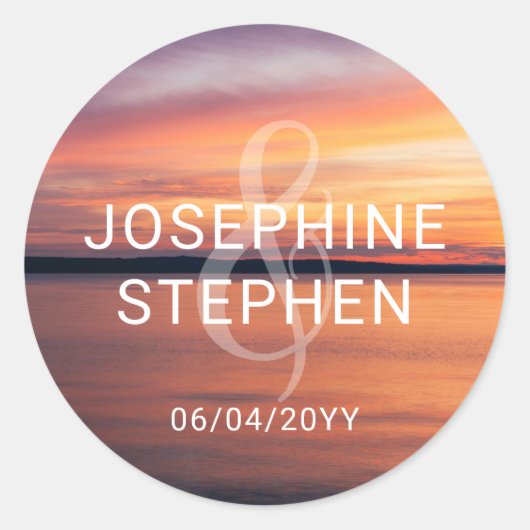 Oranje en Paarse Sunset Paar Namen bruiloft Ronde Sticker (Voorkant)
