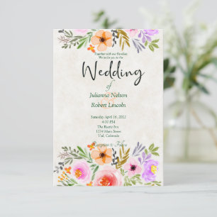 Oranje en paarse waterverf bloemen bruiloftsinvita kaart