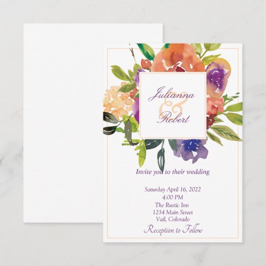 Oranje en paarse waterverf bruiloft kaart (Voorkant / Achterkant)