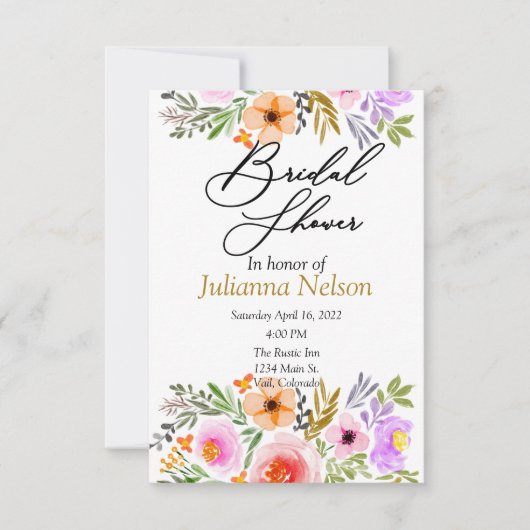 Oranje en paarse waterverf florale uitnodiging (Voorkant)